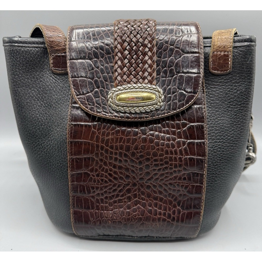 Brighton Leather Purse Black Brown Crocodile Double Strap Bucket Shoulder Bag